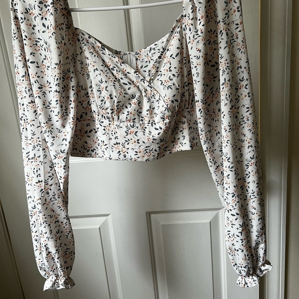 SHEIN Silver Long Sleeve Crop Blouse with “V” Front
